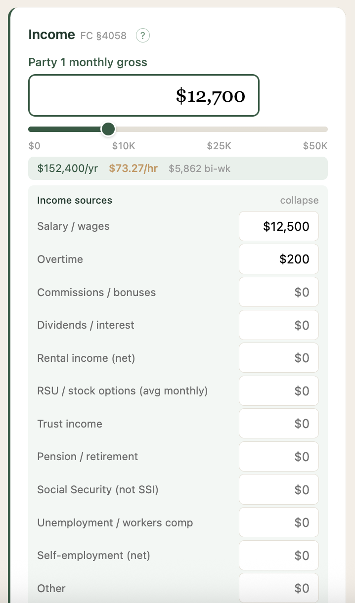 Expanded income breakdown showing individual sources: salary $12,500, overtime $200, with fields for commissions, dividends, rental income, RSU, trust income, pension, Social Security, unemployment, self-employment, and other